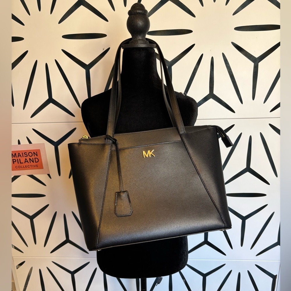 Michael Kors Maddie Medium Crossgrain Tote – Black with Gold Hardware